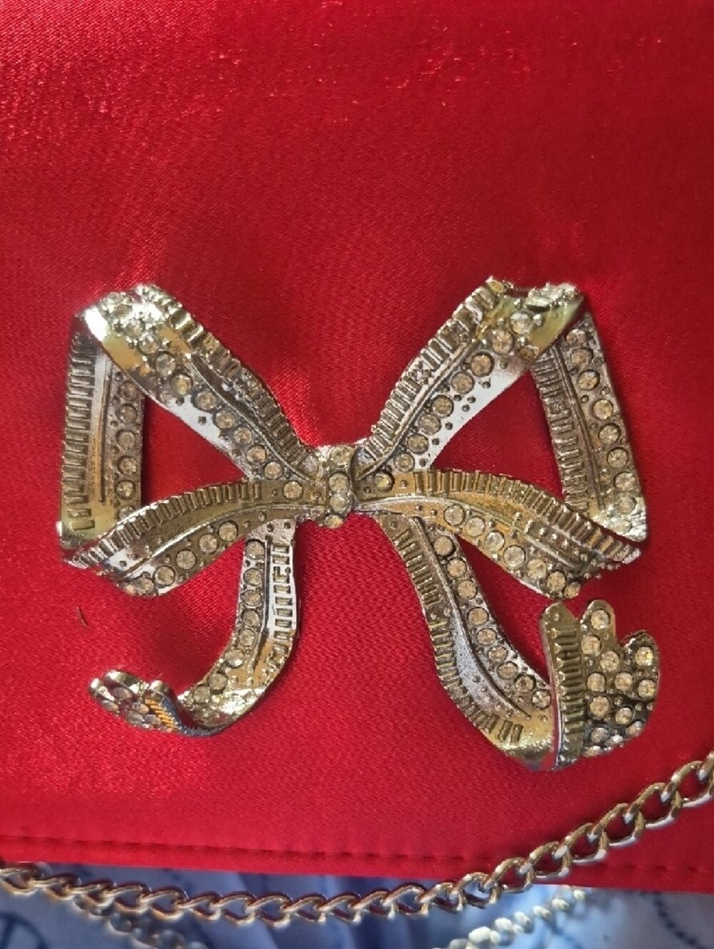Red Satin Evening Clutch with Crystal Rhinestone Bow Accent - Picture 3 of 10